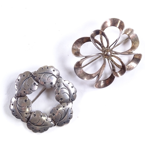 702 - NIELS ERIK FROM - 2 mid-century Danish stylised sterling silver floral brooches, largest length 43.9... 