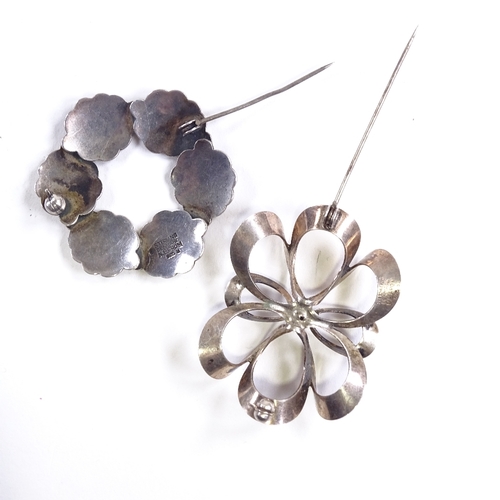 702 - NIELS ERIK FROM - 2 mid-century Danish stylised sterling silver floral brooches, largest length 43.9... 