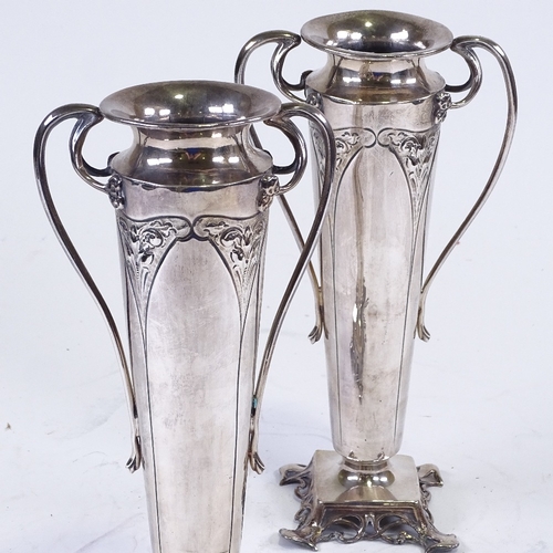 196 - A pair of late Victorian electroplate 2-handled vases on cast feet, by Robert Pringle, London 1882, ... 