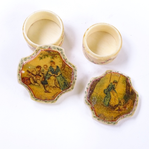 101 - A pair of ivory rouge pots circa 1900, the shaped lids hand painted in the style of Vernis Martin, t... 