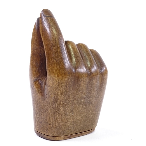 103 - A 19th century carved treen hand-design snuffbox, length 9cm