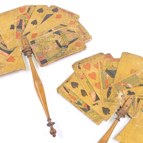 104 - 2 early 19th century playing card design face screens/fans, with printed screens and boxwood handles... 