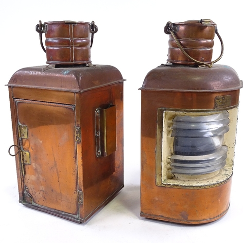 122 - A pair of 19th century French copper and brass ship's lanterns, by Ouvrard & Villars, with brass swi... 