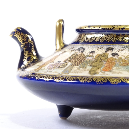 126 - A Japanese Satsuma porcelain teapot, circa 1900, hand painted and gilded panels, seal mark under, di... 