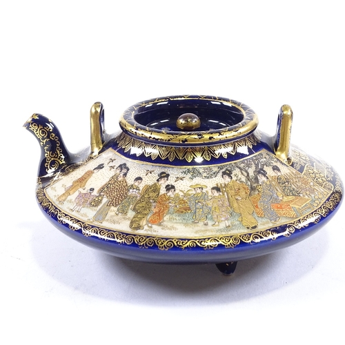 126 - A Japanese Satsuma porcelain teapot, circa 1900, hand painted and gilded panels, seal mark under, di... 