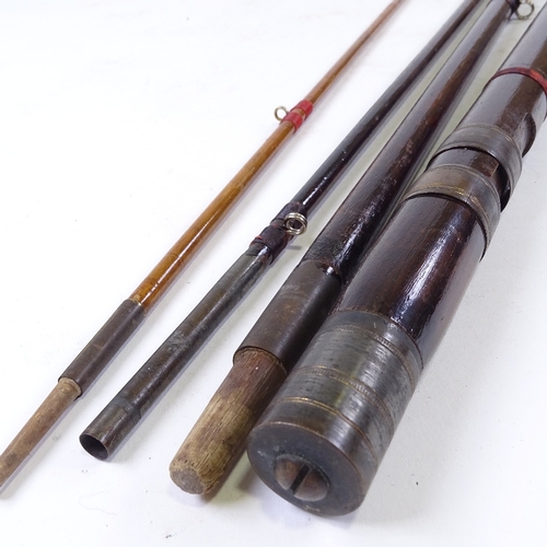 134 - A Victorian stained wood and brass-mounted 4-section fishing rod, canvas carrying case, no maker's m... 