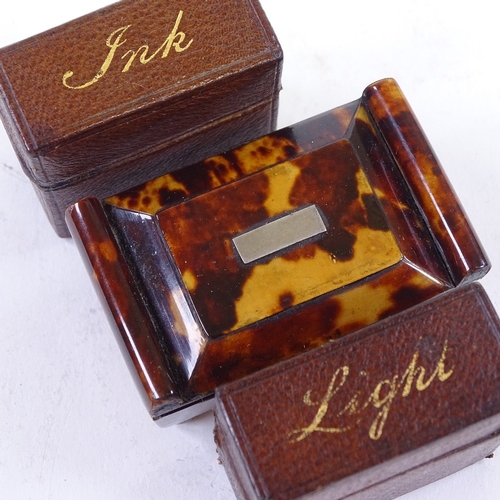 141 - A miniature Victorian tortoiseshell jewel casket on brass feet, length 5.5cm, and a pair of leather-... 