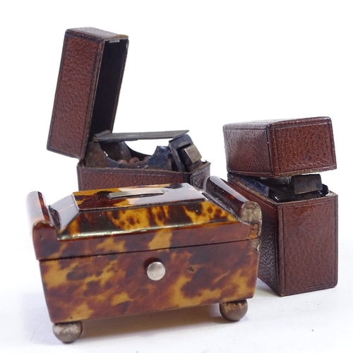 141 - A miniature Victorian tortoiseshell jewel casket on brass feet, length 5.5cm, and a pair of leather-... 