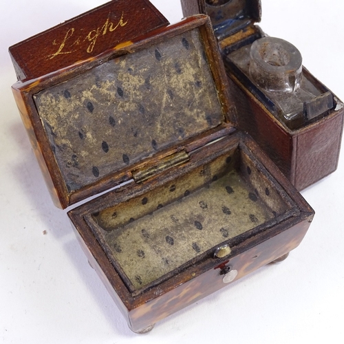 141 - A miniature Victorian tortoiseshell jewel casket on brass feet, length 5.5cm, and a pair of leather-... 