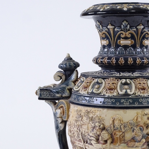 161 - A late 19th century Majolica urn-shaped vase, with relief moulded frieze, and impressed factory mark... 