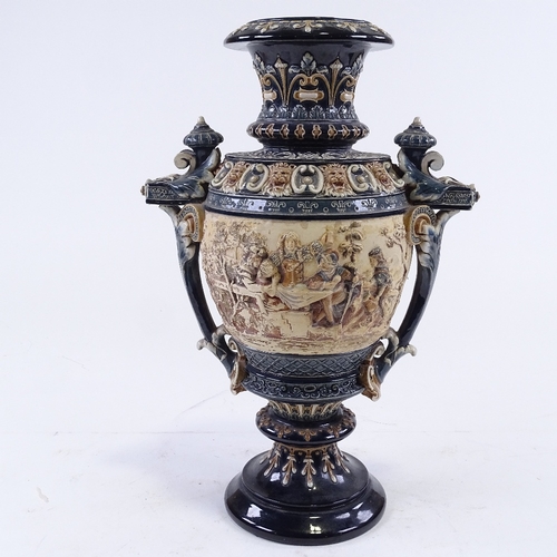 161 - A late 19th century Majolica urn-shaped vase, with relief moulded frieze, and impressed factory mark... 