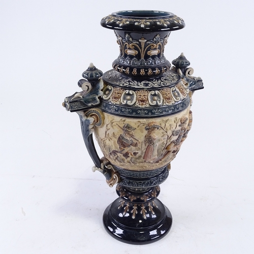 161 - A late 19th century Majolica urn-shaped vase, with relief moulded frieze, and impressed factory mark... 