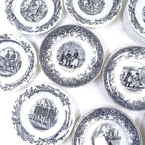 177 - 2 sets of 6 and 12 19th century French plates with transfer military scenes, diameter 21cm and 20cm