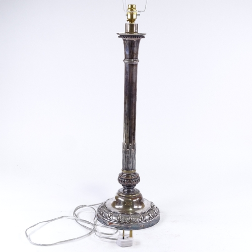 181 - A large 19th electroplate on copper table lamp, height excluding fitting 62cm