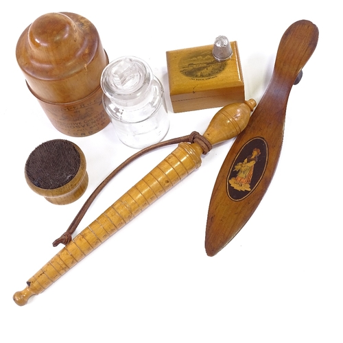 33 - A small group of treen items, comprising a ring sizer, a Sorrento marquetry inlaid shoe, a medicine ... 
