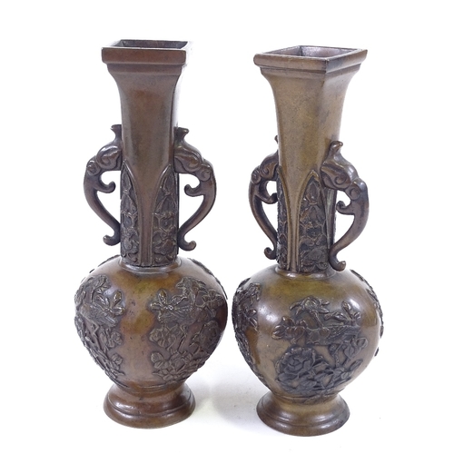 81 - A pair of Japanese patinated bronze 2-handled vases, relief moulded decoration, seal marks under, he... 