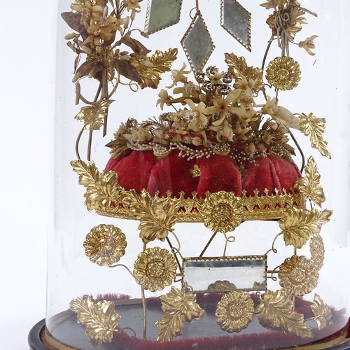 91 - A 19th century French wedding dome, gilt-metal and mirror inset ornament under original glass dome, ... 