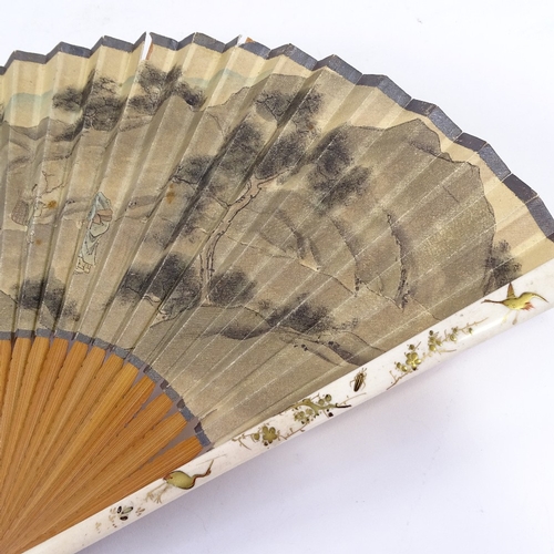 97 - A Japanese Meiji Period ivory and Shibayama fan with gilded decoration, and double-sided printed pap... 