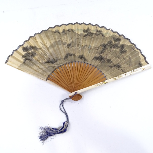 97 - A Japanese Meiji Period ivory and Shibayama fan with gilded decoration, and double-sided printed pap... 