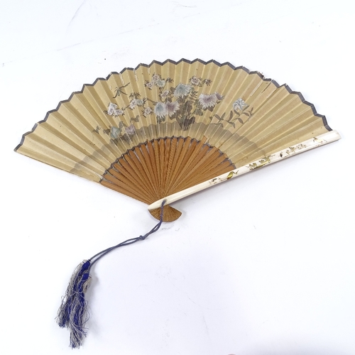 97 - A Japanese Meiji Period ivory and Shibayama fan with gilded decoration, and double-sided printed pap... 