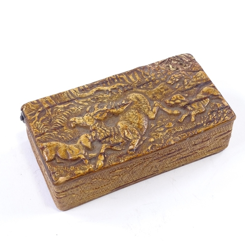 99 - A 19th century Swedish relief carved birch wood snuffbox, depicting a deer hunting scene, length 9cm