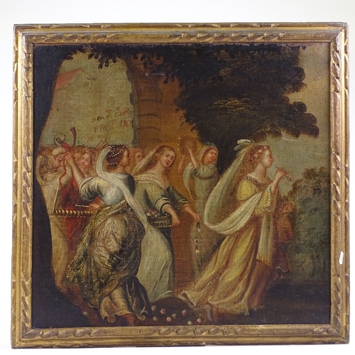 1255 - 17th century oil on canvas laid on board, a musical procession, unsigned, 23