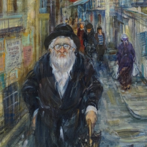 1257 - Moshe Chauski (Israeli - Lithuanian 1935 - 2014), oil on canvas board, Jewish man in a busy street, ... 