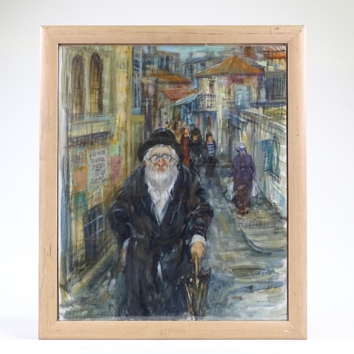 1257 - Moshe Chauski (Israeli - Lithuanian 1935 - 2014), oil on canvas board, Jewish man in a busy street, ... 