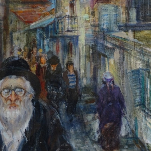 1257 - Moshe Chauski (Israeli - Lithuanian 1935 - 2014), oil on canvas board, Jewish man in a busy street, ... 