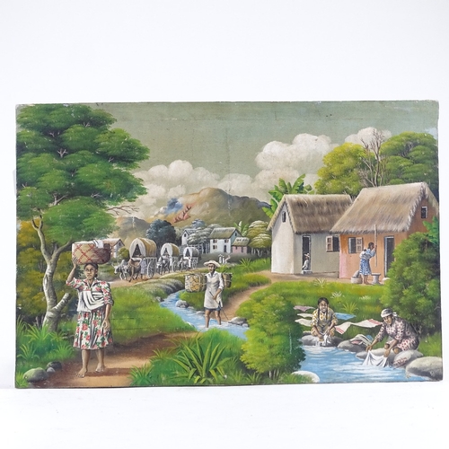 1258 - Mid-century oil on canvas, Eastern village scene, signed, 15.5