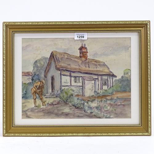 1259 - Early 20th century British School, watercolour and pencil, digging the vegetable garden, unsigned, 9... 