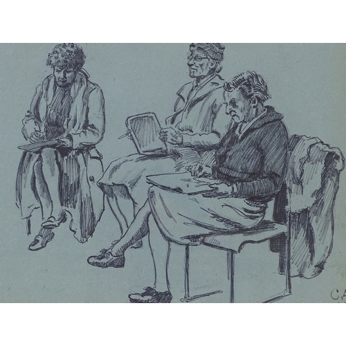 1261 - Mid-century pen and ink sketch on blue paper, 3 ladies drawing, initialled CAC, dated 1964, 9