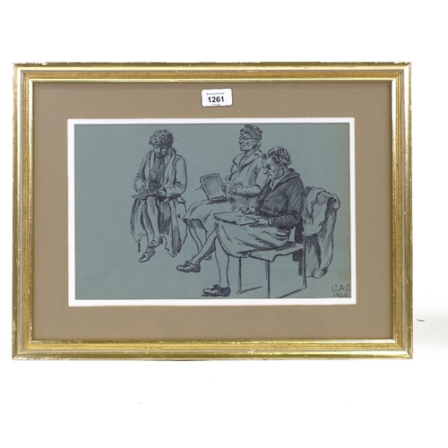 1261 - Mid-century pen and ink sketch on blue paper, 3 ladies drawing, initialled CAC, dated 1964, 9