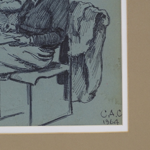 1261 - Mid-century pen and ink sketch on blue paper, 3 ladies drawing, initialled CAC, dated 1964, 9