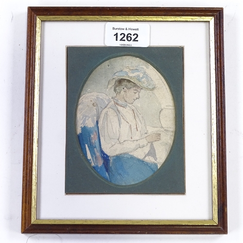 1262 - Watercolour circa 1900, portrait of a woman in a hat, unsigned, 4.5