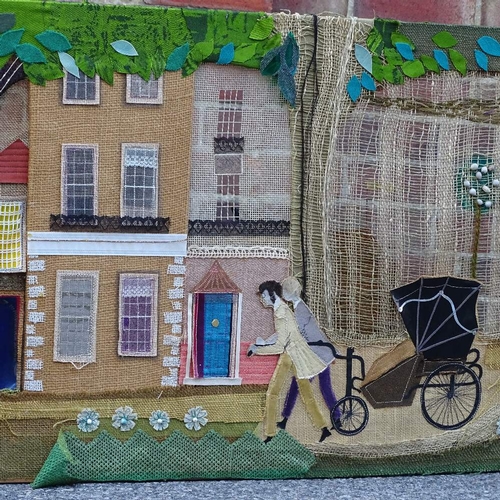 1263 - Janet Rowlins, a mixed media tapestry collage frieze, depicting an historic scene on The Pantiles at... 