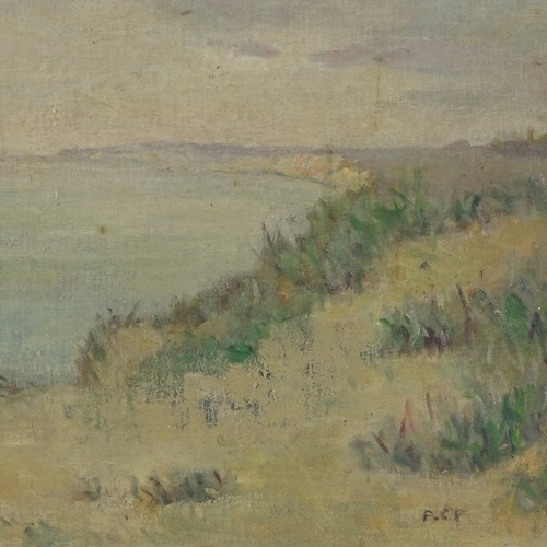 1264 - Early 20th century oil on canvas laid on board, extensive coastal view, signed with monogram, 12