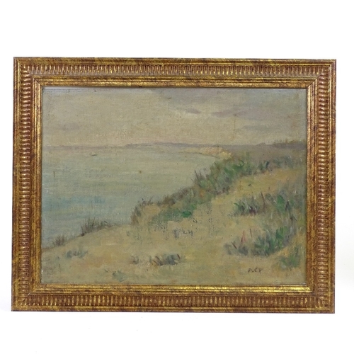 1264 - Early 20th century oil on canvas laid on board, extensive coastal view, signed with monogram, 12