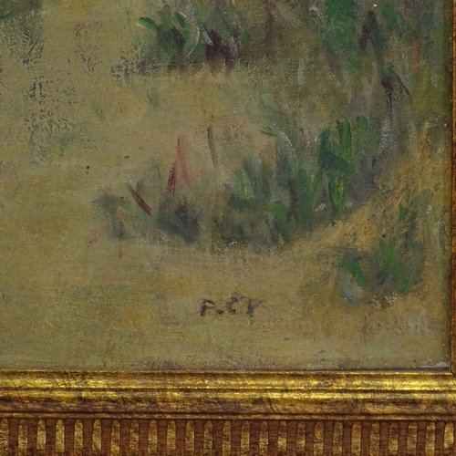 1264 - Early 20th century oil on canvas laid on board, extensive coastal view, signed with monogram, 12