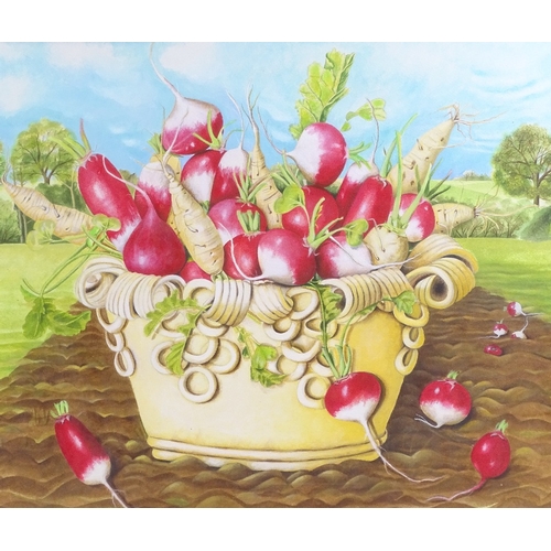 1272 - E B Watts, watercolour, radishes and parsnips, signed and dated 1993, 17