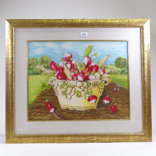 1272 - E B Watts, watercolour, radishes and parsnips, signed and dated 1993, 17