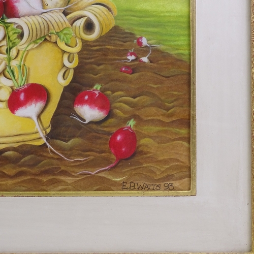 1272 - E B Watts, watercolour, radishes and parsnips, signed and dated 1993, 17