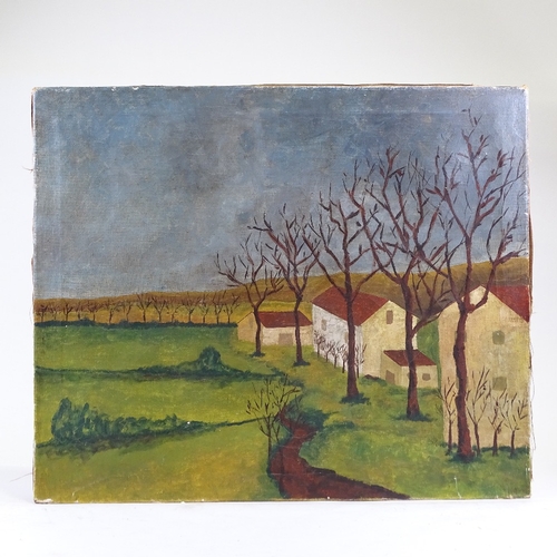 1273 - Mid-20th century oil on canvas, naive Continental landscape, unsigned, 25