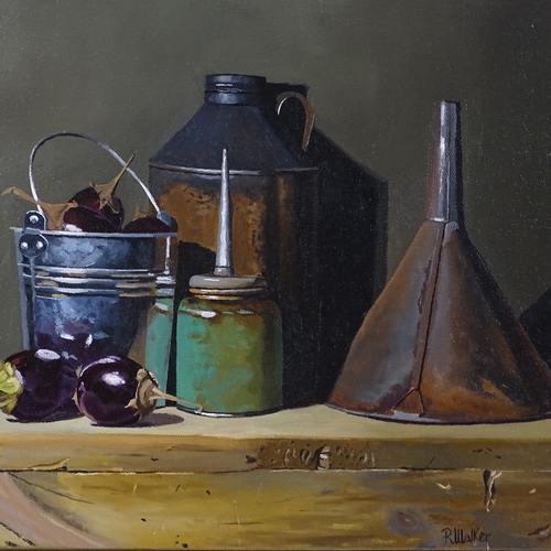 1277 - Robert Walker, oil on canvas, still life, aubergines and cans, signed, 12