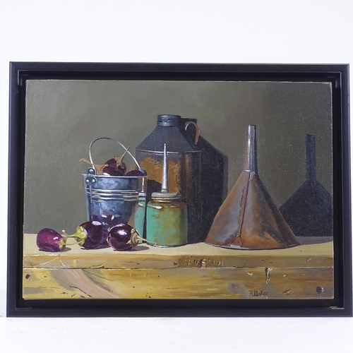 1277 - Robert Walker, oil on canvas, still life, aubergines and cans, signed, 12