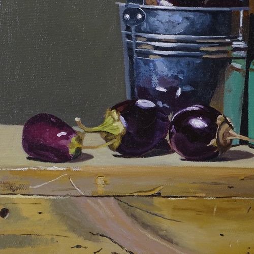 1277 - Robert Walker, oil on canvas, still life, aubergines and cans, signed, 12