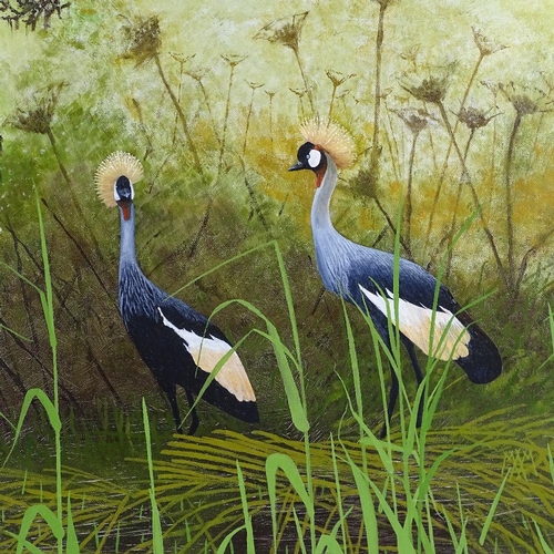 1278 - M A Morley, oil on canvas, East African cranes, 20