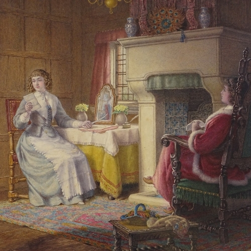 1285 - Dowfield Harding, detailed watercolour, interior scene, ladies reading a letter, signed and dated 18... 