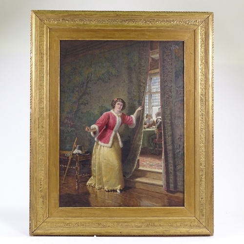 1286 - Dowfield Harding, watercolour, lady eavesdropping, signed and dated 1885, 24