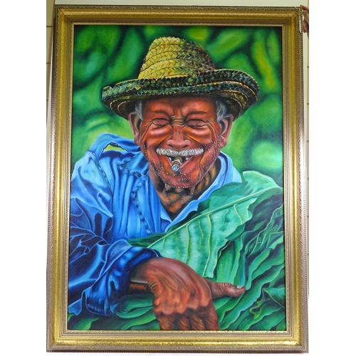 1290 - South American School, large oil on canvas, tobacco farmer, signed Roly, 46